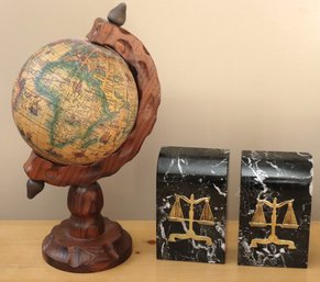 Antique Style Paper Globe In Wood Stand And Marble Bookends With Scales Of Justice.