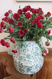 Antique English Porcelain Foot Bath With Red Silk Roses.