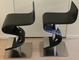 Pair Of Contemporary Black Leather Look & Chrome Adjustable Stools