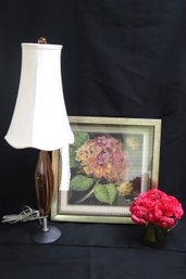 Hydrangea Framed Print, Art Glass Pitcher With Silk Roses And Stripped Glass Table Lamp By TG.