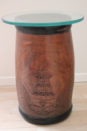 Tall Indonesian Decorated Ceramic Vase As A Side Table, With Glass Top.