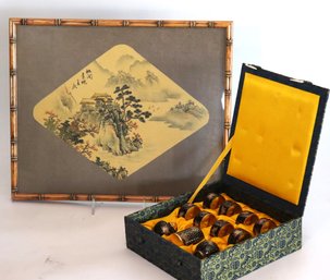 Beautiful Asian Style Brass Napkin Rings, Salt & Pepper Set Plus Asian Landscape Print
