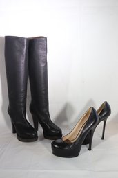 Yves St Laurent Leather Platform Heels Size 39 & Black Leather Bottega Veneta 37.5 Made In Italy Platform