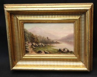Miniature Landscape Painting In A Wood Frame Of A Village By The Coast Line
