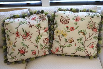 Pair Of Square Accent Pillows With Floral Pattern And Fringed Trim