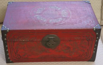 Vintage 1920s Chinese Wood And Leather Trunk, Painted Gold Bats