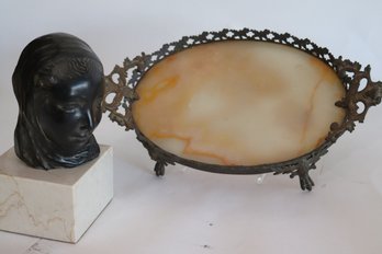 Erskine Marble Bust & Antique Ornate Brass Tray With Agate Insert And  Figural Detailing On The Handles