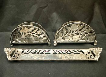 Sterling Silver Pair Of Floral Napkin Holders Plus Cracker Serving Tray-mexico