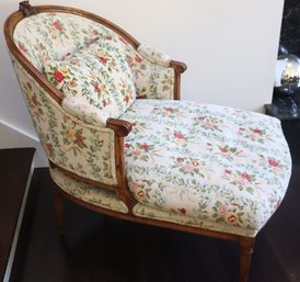 Louis XVI Style Semi Chaise With Floral Fabric And Wood Trim.