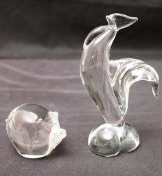 Vintage Signed Steuben Crystal Rooster And Piggy.