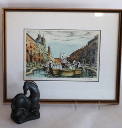 Roma- Piazza Navona Framed Fountain Print By Carly Plus Includes Vintage Sm. Horse Sculpture