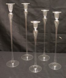 Set Of 5 Fine Slender Handblown Candlesticks Ranging In Size