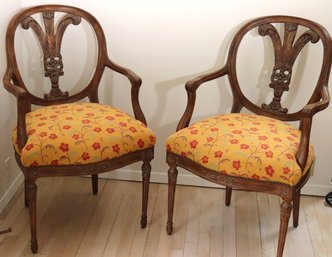 Pair Of Continental Armchairs With Fleur De Lis Backs And Floral Fabric.