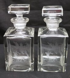 Set Of Fine/ Fancy Vintage Solid Lead Crystal Decanters With Etched Forest Scene