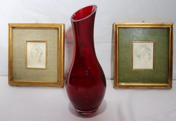 Includes 2 Vintage Framed Portrait Prints And A Pretty 12- Inch Red Glass Vase