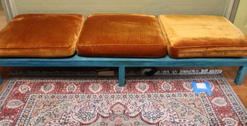 Funky Custom 70s Style Bench Painted Blue With Orange/amber Tone Cushions