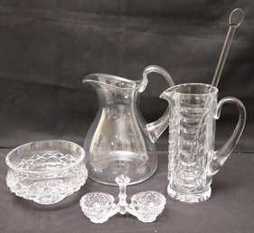 Lot Of Cut Crystal And Orrefors Glass Pitcher With Lismore Footed Bowl, Baccarat Salts.