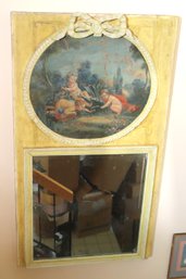 Antique French Trumeau Mirror In Light Yellow With Painted Cherubs.
