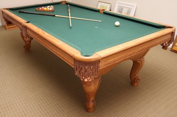 Authentic Brunswick American Regulation Size 8 Pool Table, Victorian Style In Honey Oak With MOP Inlay.