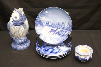 Decorative Blue/white Vase Made In England, Limited Forstenberg West Germany Christmas Plates And More