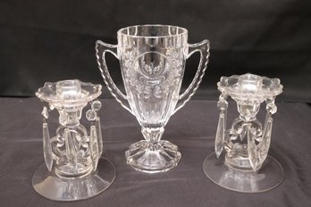 Pressed Glass, Candlesticks And Pressed Glass Trophy Cup Candlesticks.