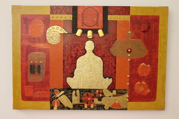 Trinh Quoc Chien Vietnamese Artist Mixed Media Painting On Wood Of Devotional Gold Buddha.