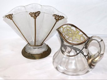 Vintage Glass Pitcher With Floral Silver Overlay Includes A Rippled Centerpiece Vase With Etched Design &