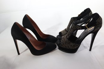 Yves Saint Laurent Paris Black Studded Suede T-Strap Size 38  Open Toe With 4 Heel And Alaia Suede Pumps