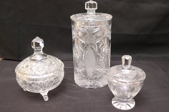 Three Pieces Of Vintage Cut Crystal Containers With Lids