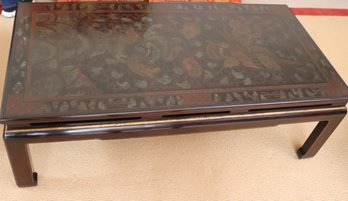 Beautiful Chinoiserie Black Lacquered Coffee Table With Dragon And Phoenix Motif.
