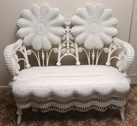 Unique English White Wicker Loveseat With Wavy Circular Seat Backs
