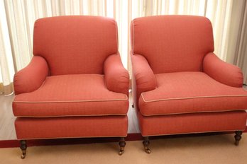 Pair Of Quality English Style Club Armchairs On Casters With Textured Persimmon Upholstery.