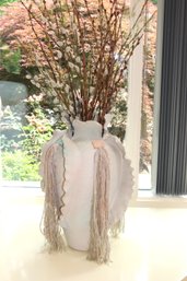 Unique Retro Hand Sculpted Vase With Craquelure Finish & Hanging Yarn Feature.
