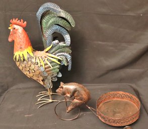 Large Metal Rooster Decor Includes Rustic Cast Metal Pig On Bike Plant Stand