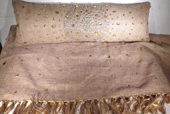 Stylish Burlap Style Pillow With Sequin Accents By Sivana With A Throw Blanket