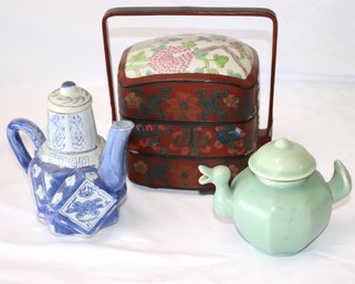 Vintage Hand Painted Asian Lunch Box, Green Celadon Pot With Duck Spout With Lid, Blue & White Chinese Te