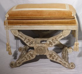 Vintage Neoclassical Carved Wood X Frame Stool With Custom Fabric