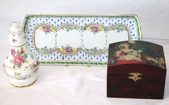 Dresden Spiarys Bone China Made In England Floral Shaker, Paris Royal Tray & A Lacquered Wood Trinket Box