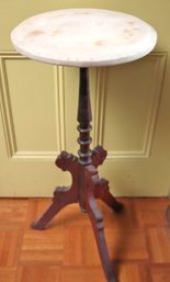 Antique Wood Plant Pedestal With Marble Top