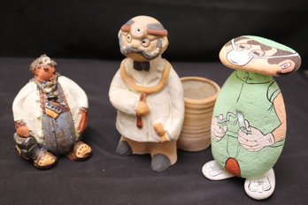 Two Handmade Ceramic Doctor Figurines, And Hand Painted Doc Rock Signed Renata