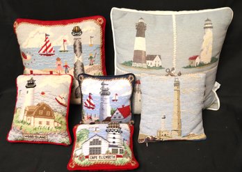 Collection Of Assorted Nautical Themed Lighthouse Pillows Ranging In Size, Including Needlepoint Pillows