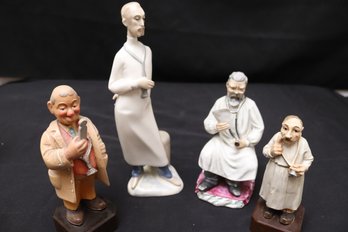 Four Figurines Of Doctors With 2 Wooden And 2 Ceramic.