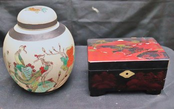 Crackle Finished Nanking Ginger Jar With Phoenix And Floral Accents, Hallmark And Lacquered Japanese Music Box