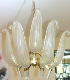 Gorgeous Franco Luce Frosted Murano Glass Leaf Chandelier With Brass Highlights.