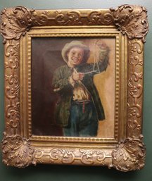 Signed Antique Portrait Painting Of A Young Boy Playing A Triangle