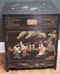 Vintage Black Lacquered/hand Painted Chinoiserie Cabinet