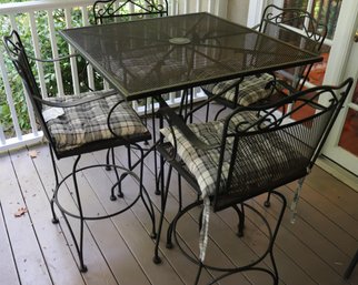 Vintage Metal Pub Table And Four Swivel Armchairs With Cushions.