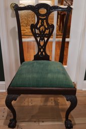 Antique Carved Wood Chair With Ball And Claw Feet, Custom Cushion Upholstered In A Green Corduroy Like Fabric