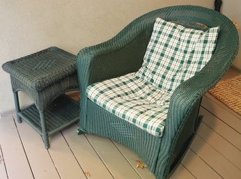 Green Painted Wicker Rocker And All- Weather Wicker Side Table.