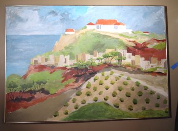 Large Vintage Cityscape On The Cliffs Painting By Harry Curtis 1970